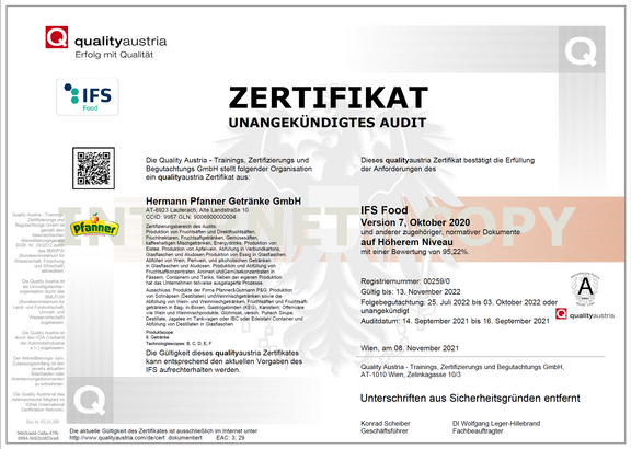 Zertifikat zur Erfüllung des IFS Food Version 7, Oktober 2020 und anderer zugehöriger normativer Dokumente auf Höherem Niveau (95,22%) IFS_Lauterach_Deutsch_ZER.png
