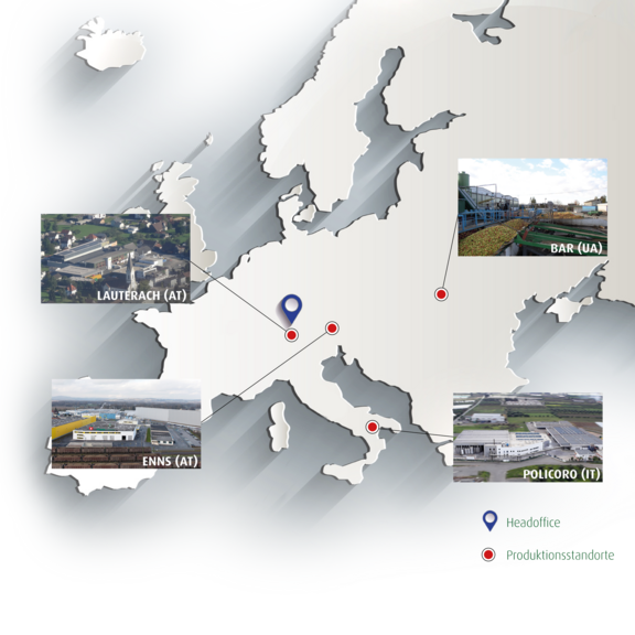 Pfanner Getränke Produktionsstandorte Landkarte mit den 4 Produktionsstandorten