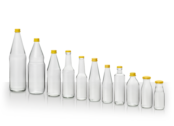 Pfanner Getränke Glasflaschensortiment Abbildung des Sortiments an Glasflachen zur Lohnabfüllung